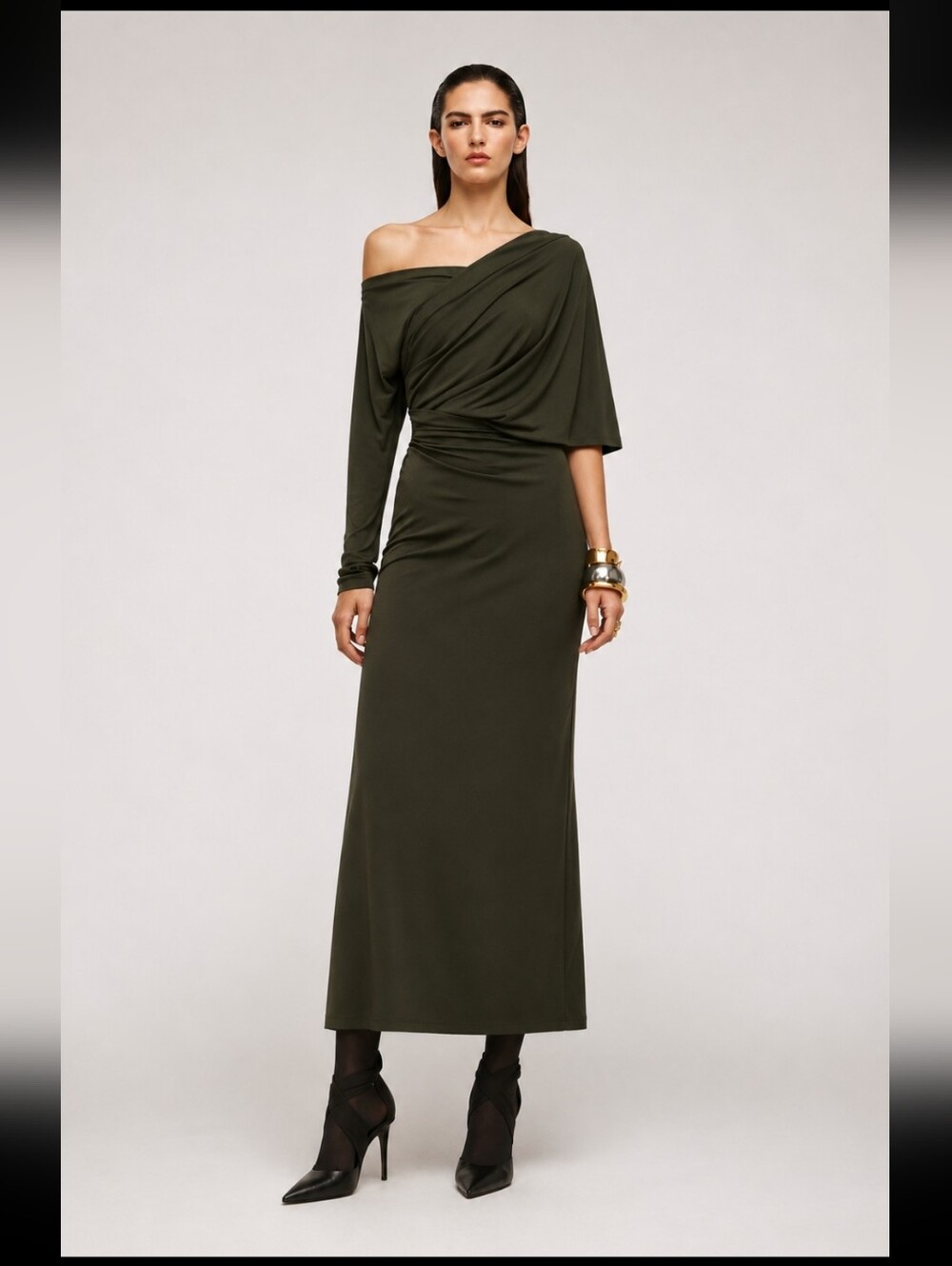 Zara‎ Olive Green One-Shoulder Draped Maxi Dress
